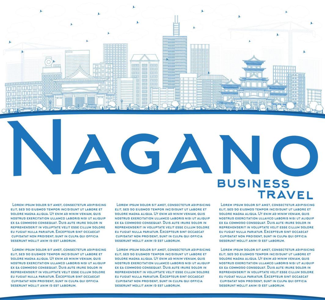 Outline Nagano Japan City Skyline with Blue Buildings and Copy Space. vector