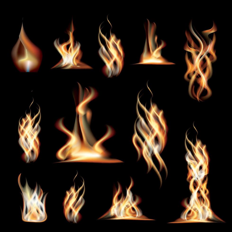 Realistic Burning Fire Flames Set. vector