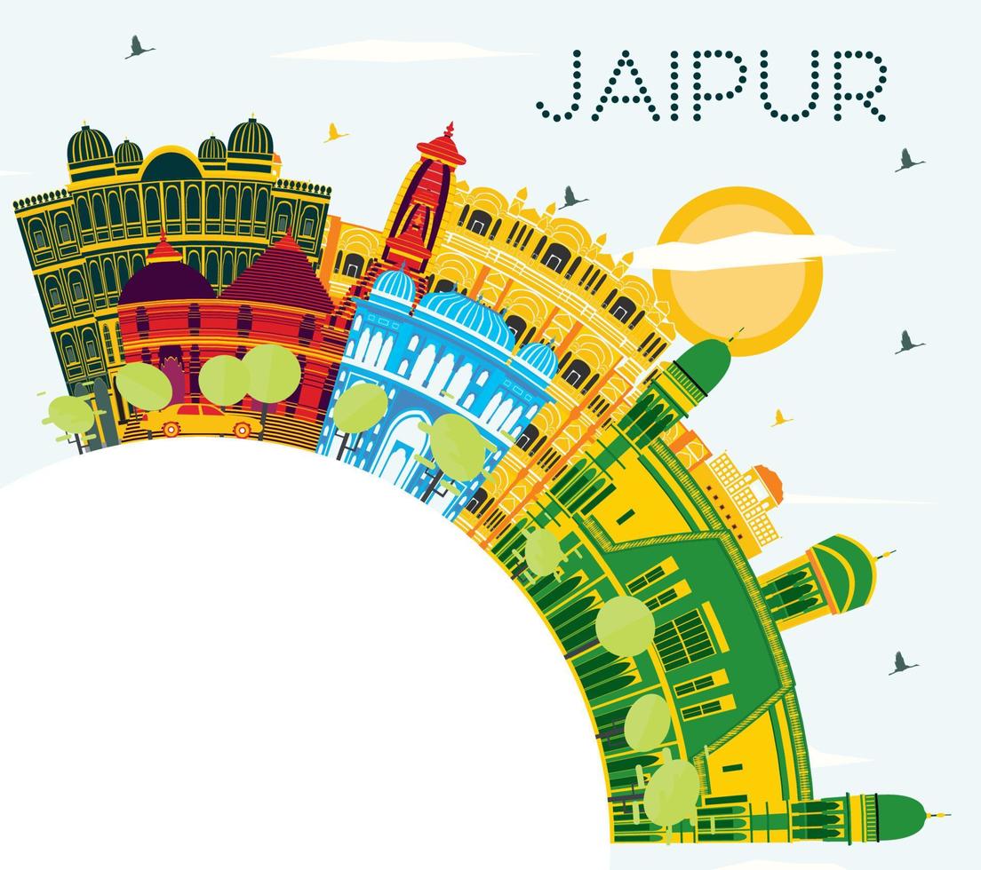 Jaipur India City Skyline with Color Buildings, Blue Sky and Copy Space. vector