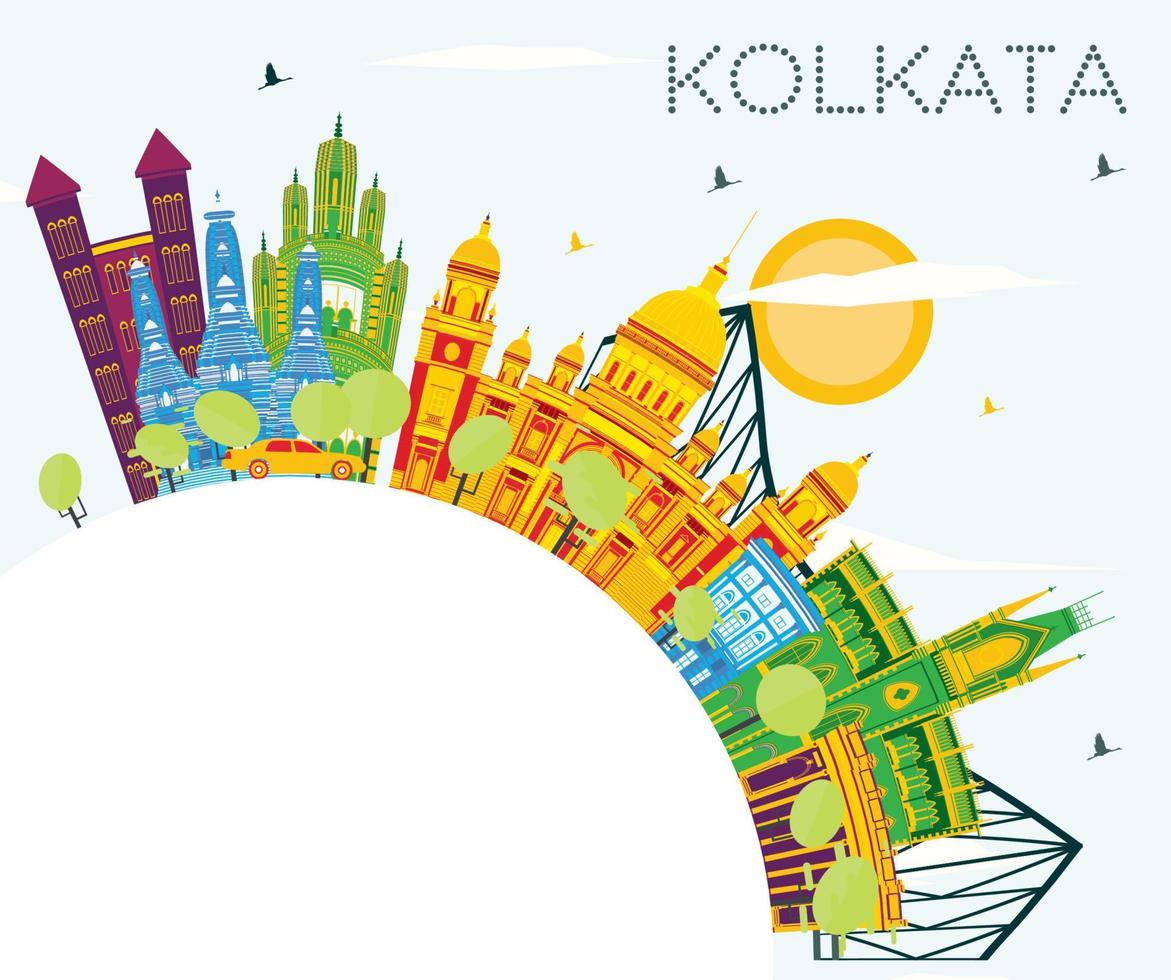 horizonte de kolkata india con edificios de color, cielo azul y espacio de copia. vector