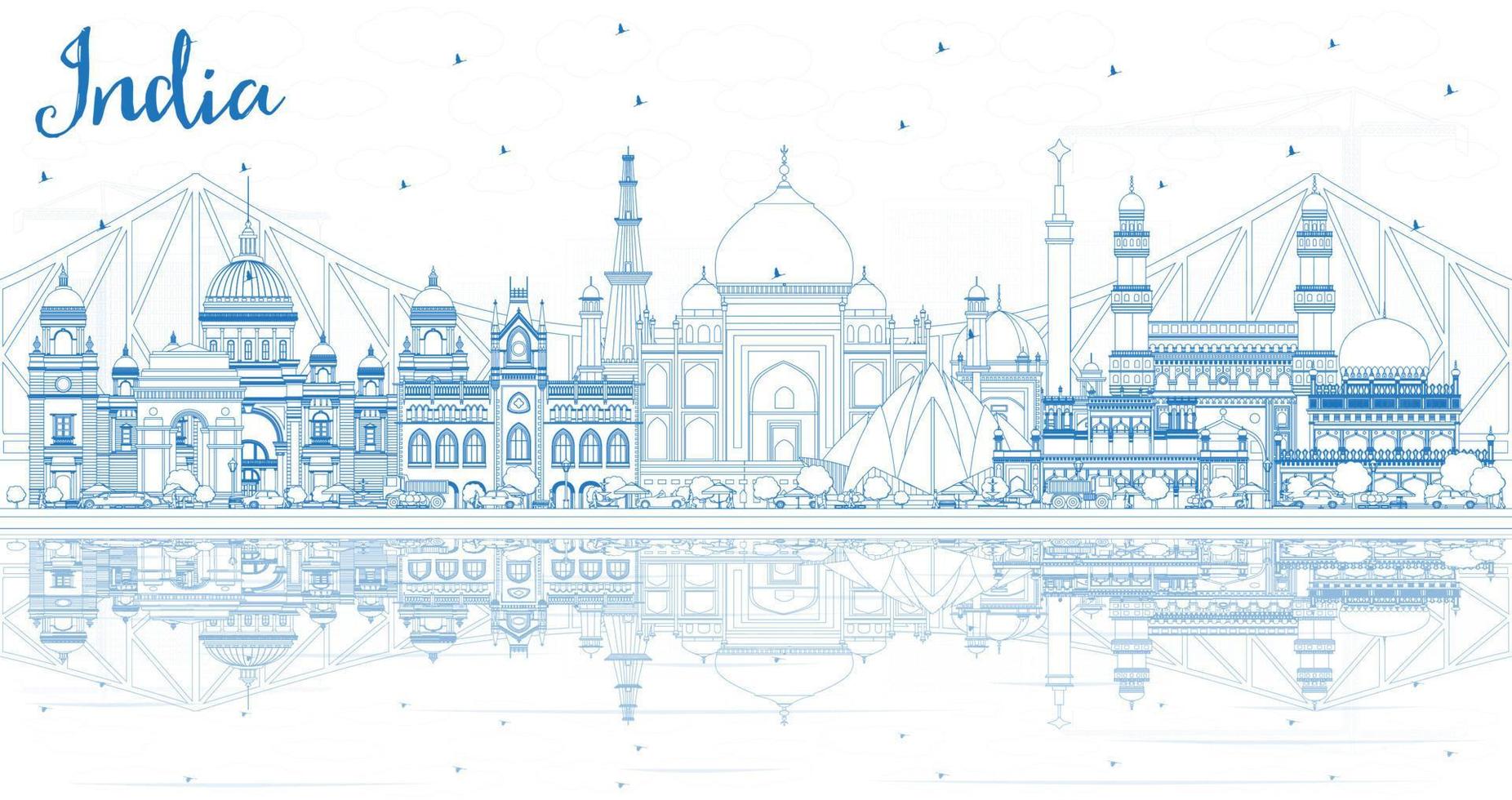 Outline India City Skyline with Blue Buildings and Reflections. vector