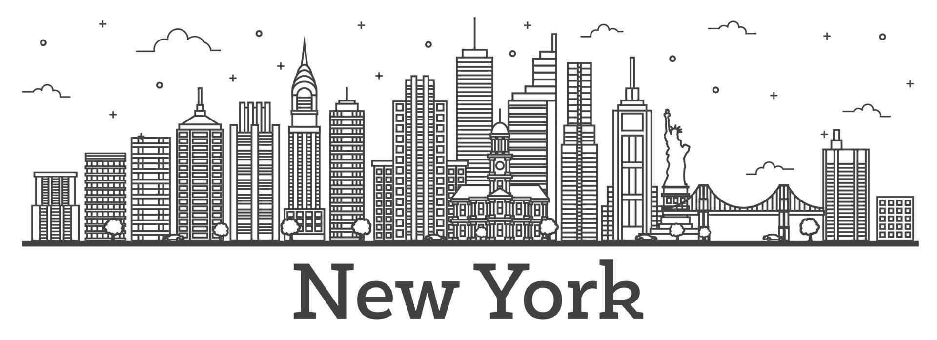 Outline New York USA City Skyline with Modern Buildings Isolated on White. vector