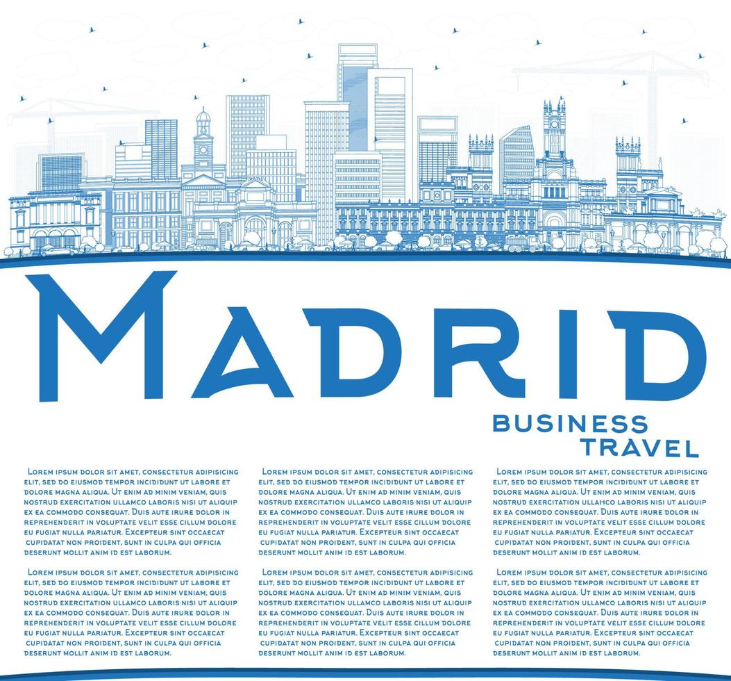 Outline Madrid Spain City Skyline with Blue Buildings and Copy Space. vector