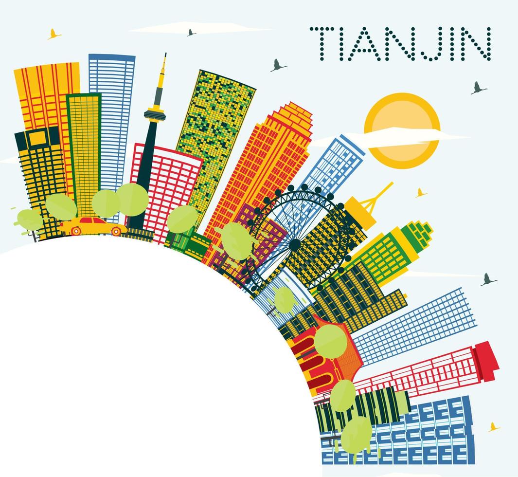 horizonte de la ciudad china de tianjin con edificios de color, cielo azul y espacio de copia. vector