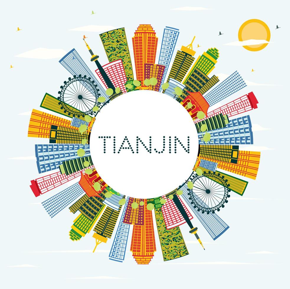 Tianjin China City Skyline with Color Buildings, Blue Sky and Copy Space. vector