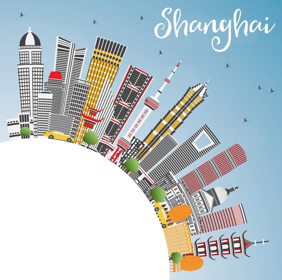 Shanghai China City Skyline with Color Buildings, Blue Sky and Copy Space. vector