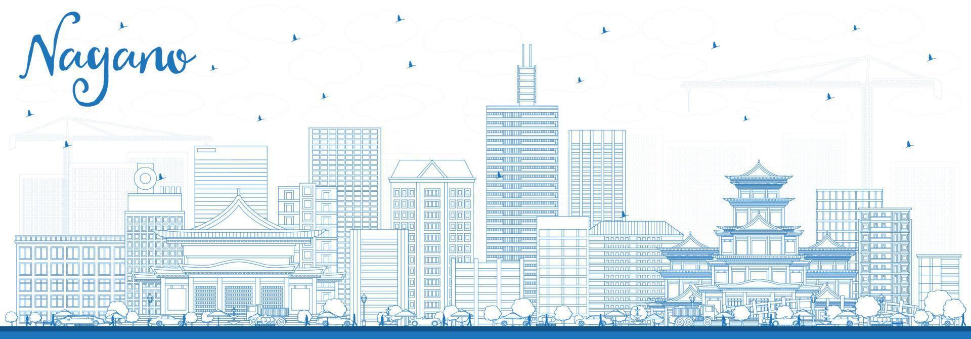 delinear el horizonte de la ciudad de nagano japón con edificios azules. vector