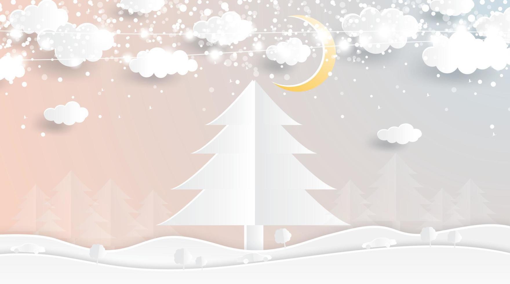 Christmas Tree in Paper Cut Style. Winter Forest with Moon and Clouds. vector