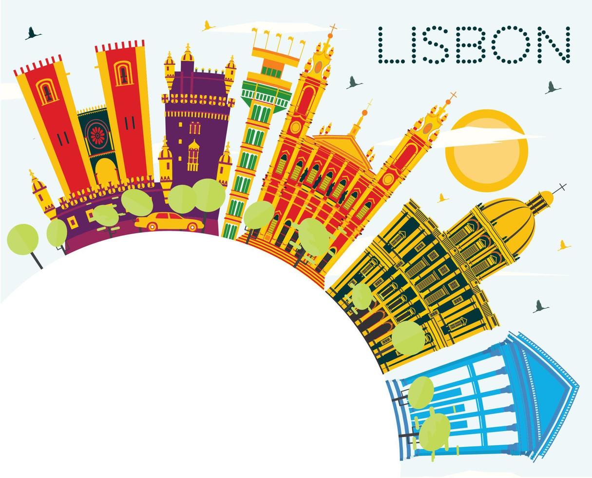 horizonte de la ciudad de lisboa portugal con edificios de color, cielo azul y espacio para copiar. vector