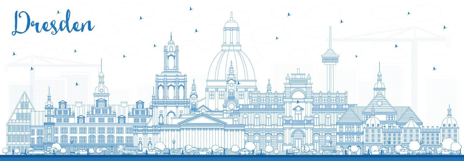 Outline Dresden Germany City Skyline with Blue Buildings. vector