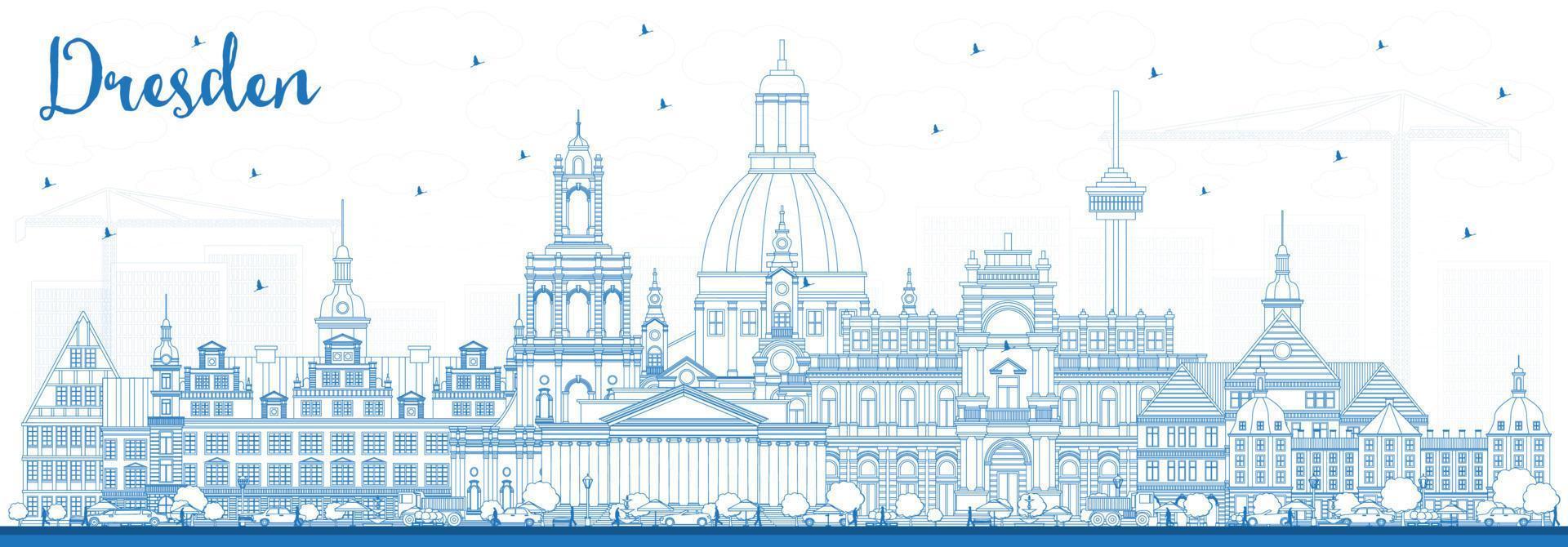 esbozar el horizonte de la ciudad de dresden, alemania, con edificios azules. vector