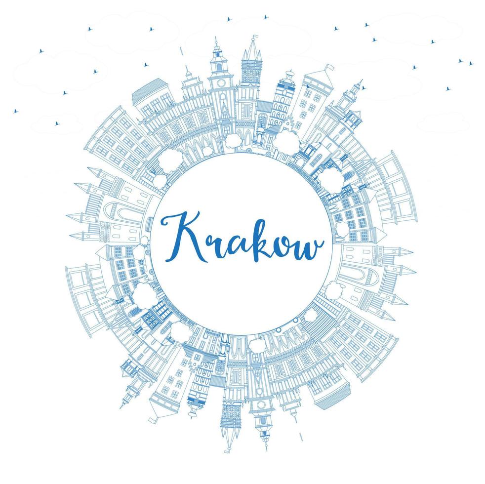 delinee el horizonte de la ciudad de Cracovia, Polonia, con edificios azules y copie el espacio. vector