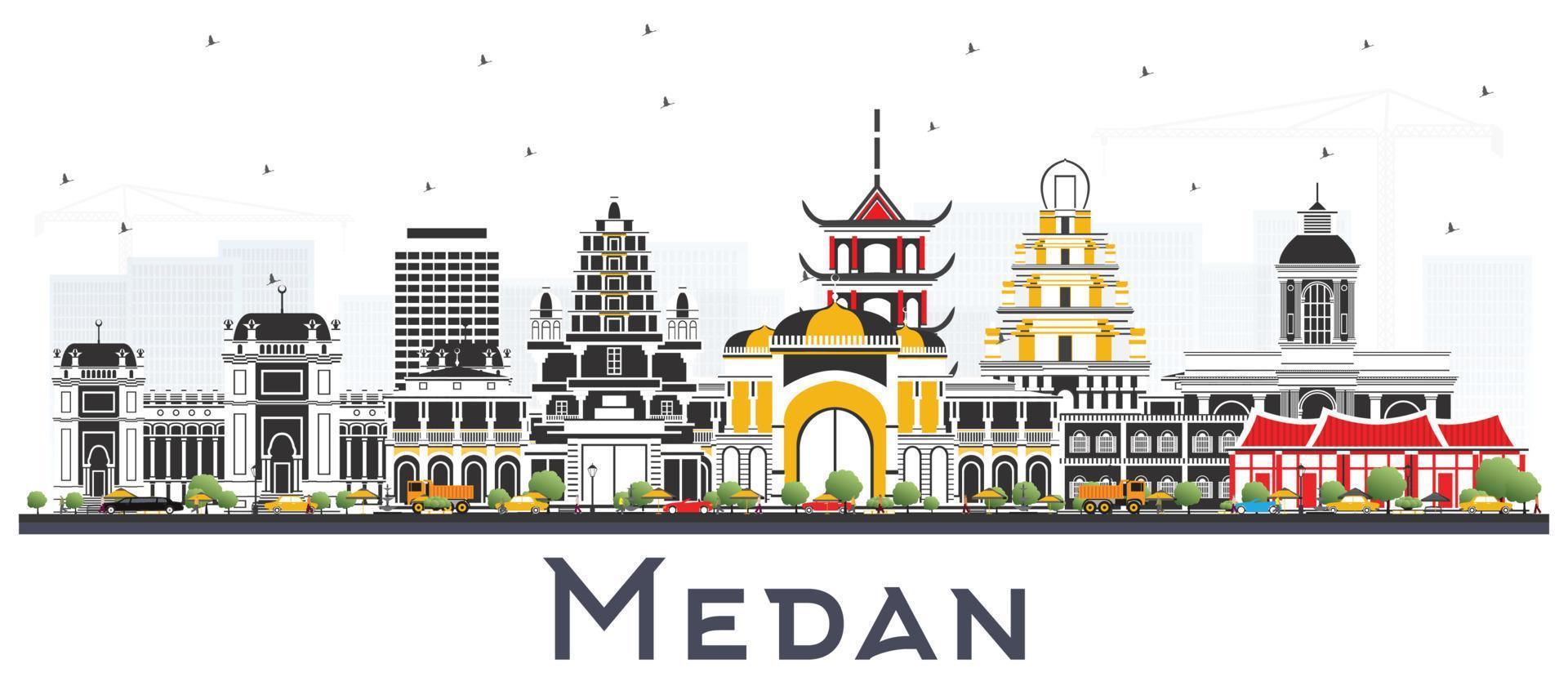 horizonte de la ciudad de medan indonesia con edificios de color aislados en blanco. vector