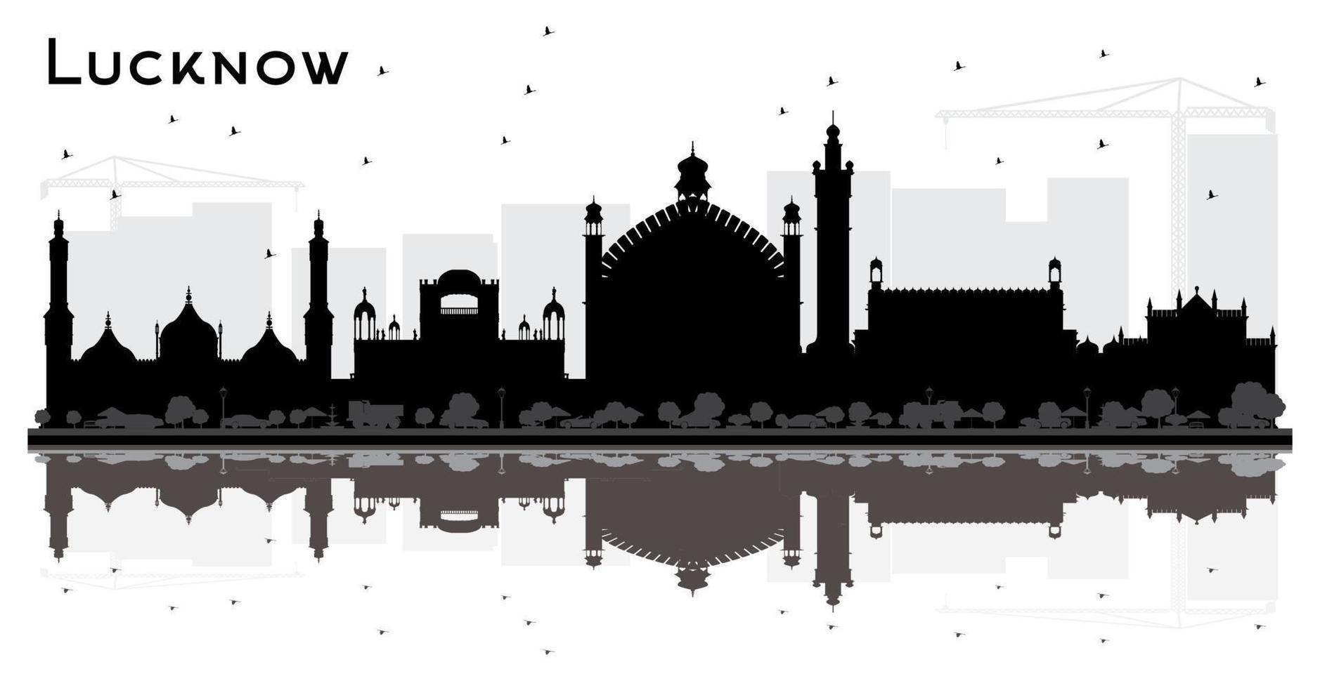 silueta del horizonte de la ciudad de lucknow india con edificios negros y reflejos. vector