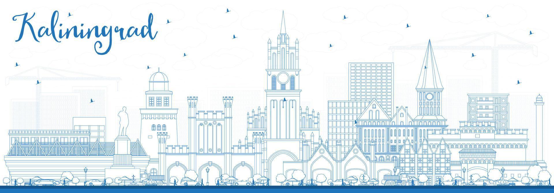 Outline Kaliningrad Russia City Skyline with Blue Buildings. vector