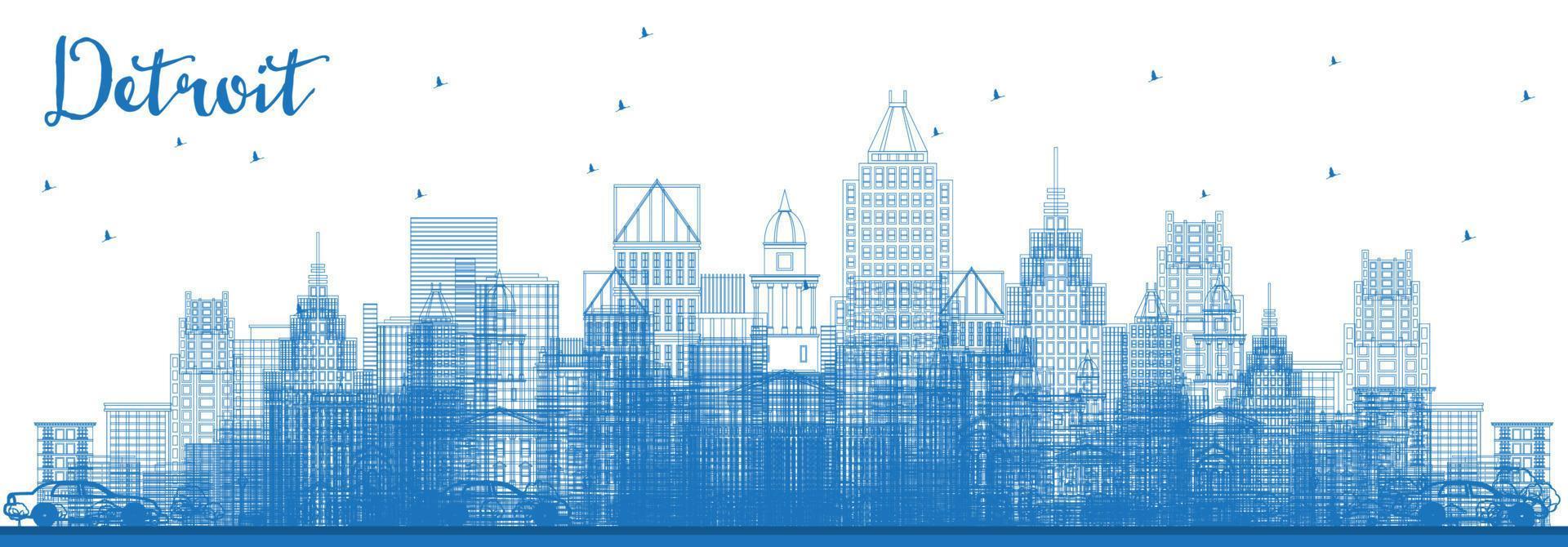 Outline Detroit Michigan Skyline with Blue Buildings. vector