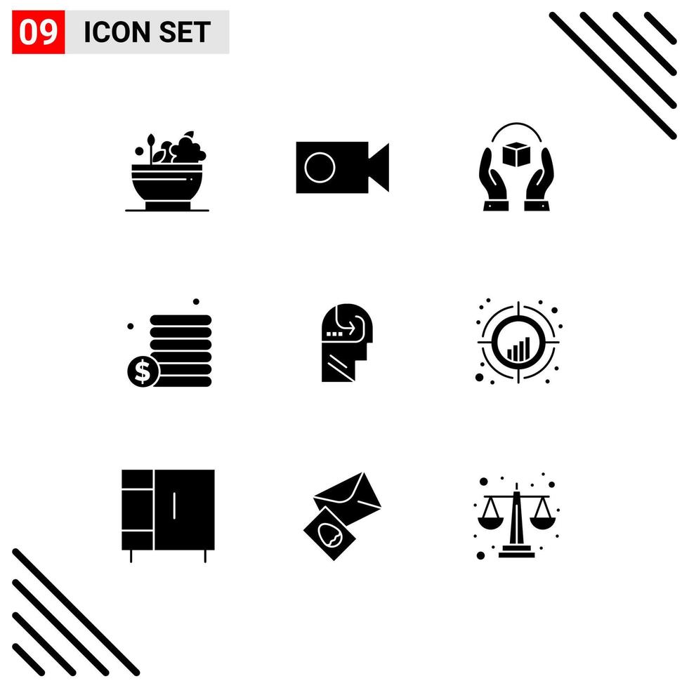 Mobile Interface Solid Glyph Set of 9 Pictograms of mind learning caring money cash Editable Vector Design Elements