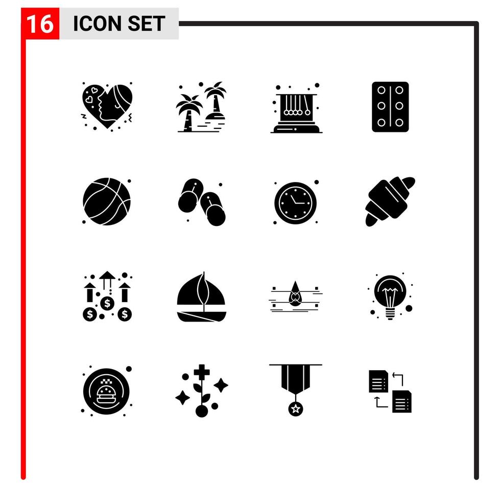 Pictogram Set of 16 Simple Solid Glyphs of basket ball remedy beach pastilles physics Editable Vector Design Elements