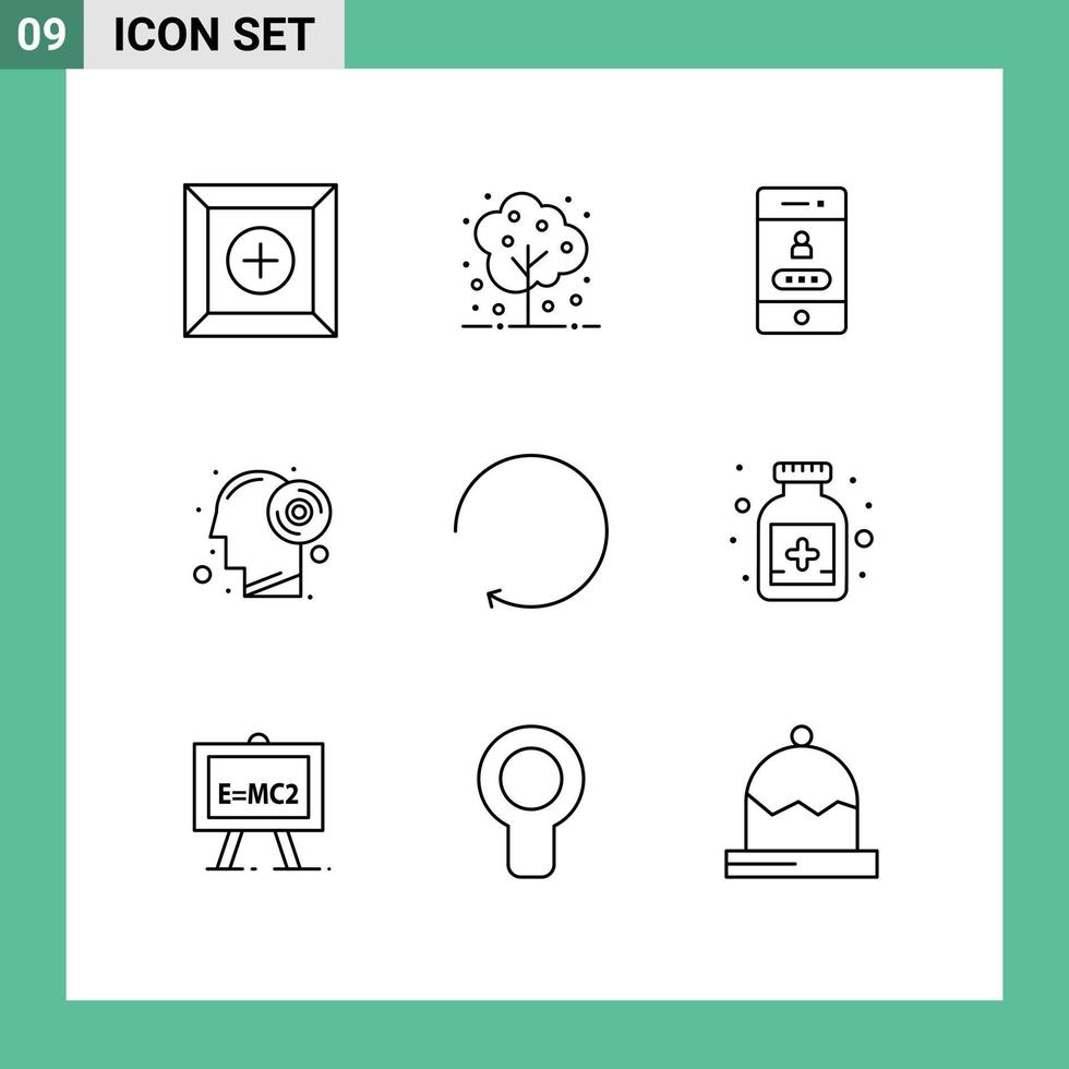 Set of 9 Vector Outlines on Grid for rotate arrow lock productivity brain Editable Vector Design Elements