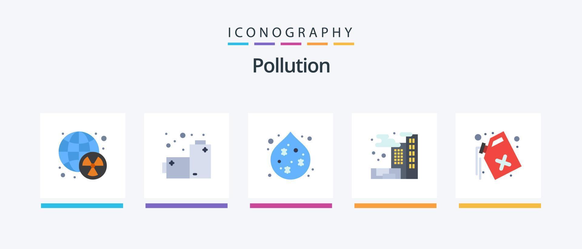 paquete de iconos de contaminación plana 5 que incluye. polución. desperdiciar. gas. polución. diseño de iconos creativos vector