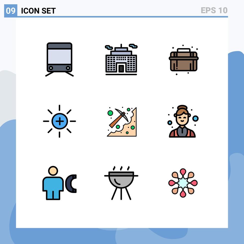 paquete de 9 signos y símbolos modernos de colores planos de línea rellena para medios de impresión web, como elementos de diseño de vectores editables de la interfaz de usuario de la cueva de plomería de excavación de púas