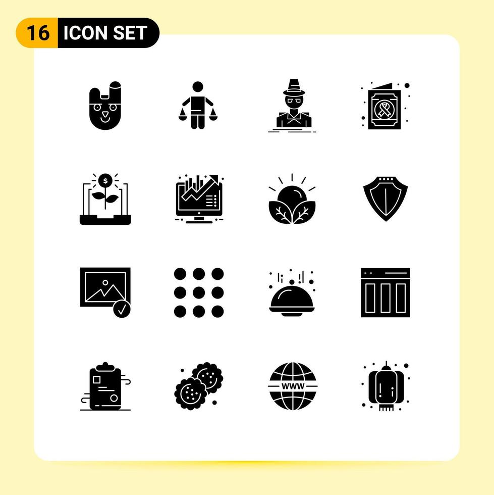16 Solid Glyph concept for Websites Mobile and Apps banking medical law health spy Editable Vector Design Elements