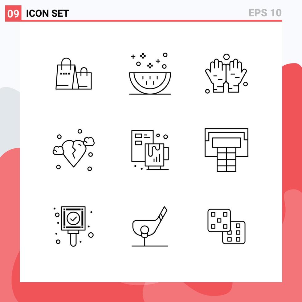 Set of 9 Vector Outlines on Grid for process sic slice heart break Editable Vector Design Elements