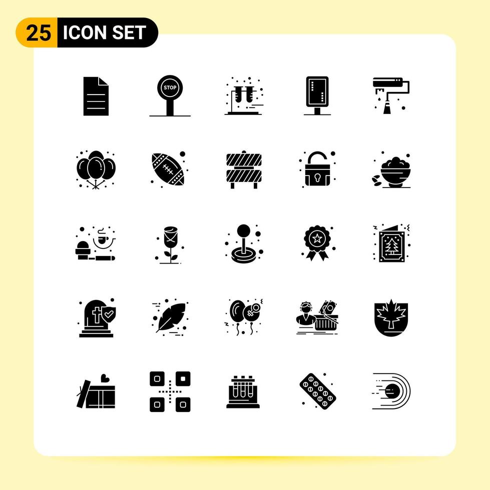 Group of 25 Solid Glyphs Signs and Symbols for roller brush test paint brush sign board Editable Vector Design Elements