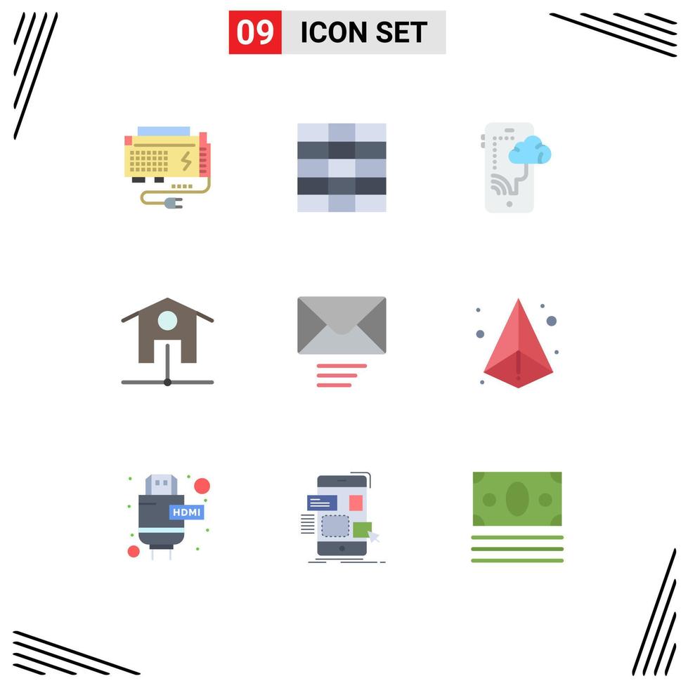 Mobile Interface Flat Color Set of 9 Pictograms of box message connection mail smart house Editable Vector Design Elements