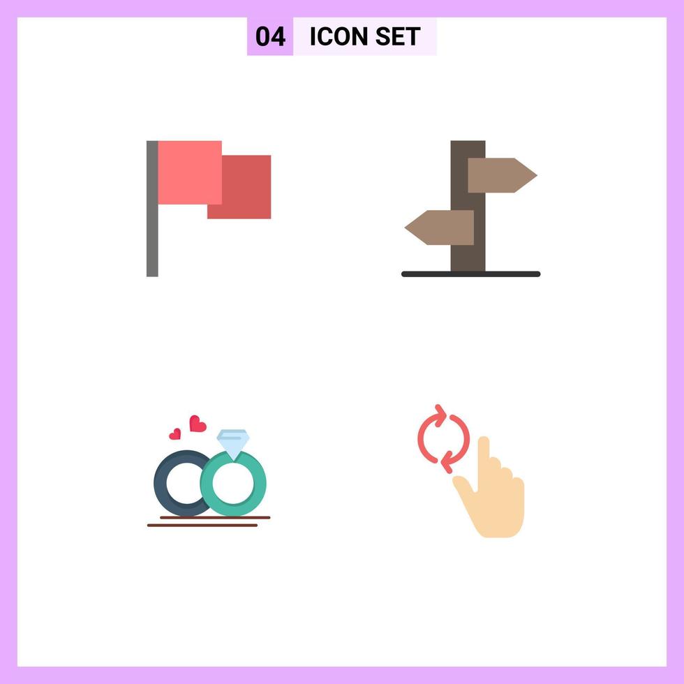 paquete de iconos planos de 4 símbolos universales de la dirección básica de la boda poste indicador elementos de diseño vectorial editables con el dedo vector