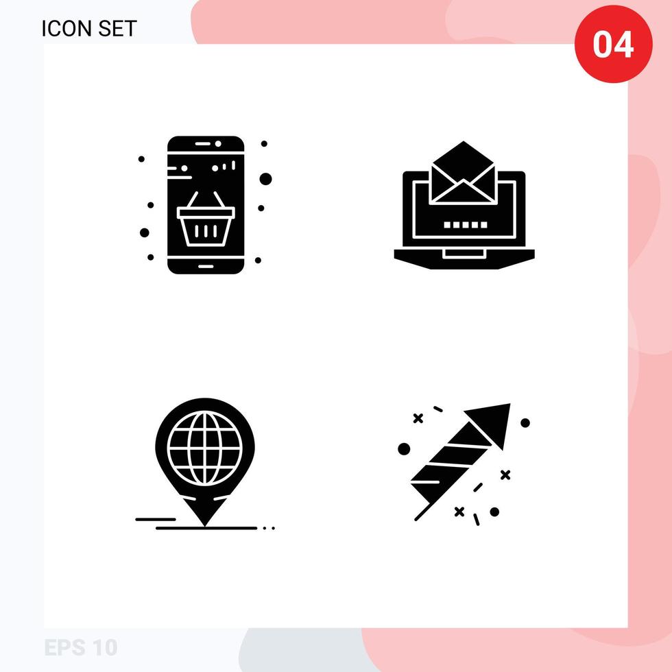 Group of 4 Modern Solid Glyphs Set for basket business money laptop global Editable Vector Design Elements