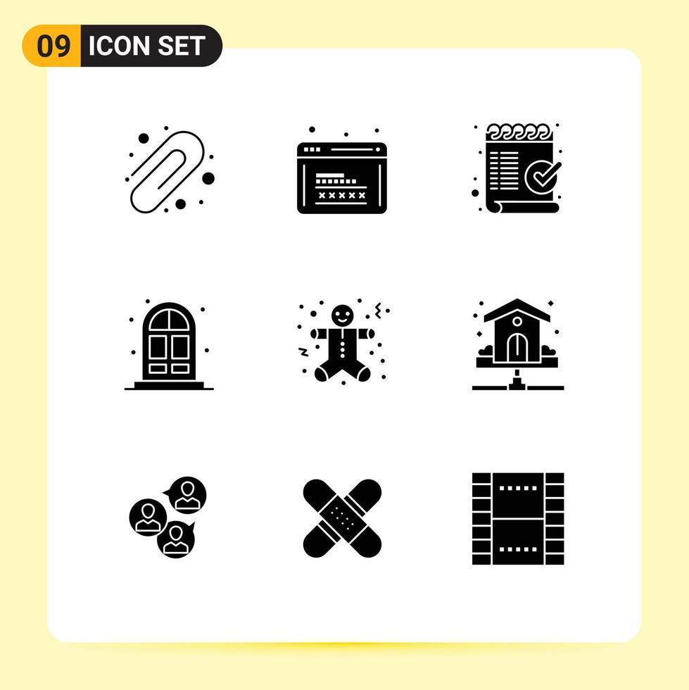 conjunto moderno de 9 pictogramas de glifos sólidos de verificación de puerta de galleta que viven elementos de diseño vectorial editables ok vector