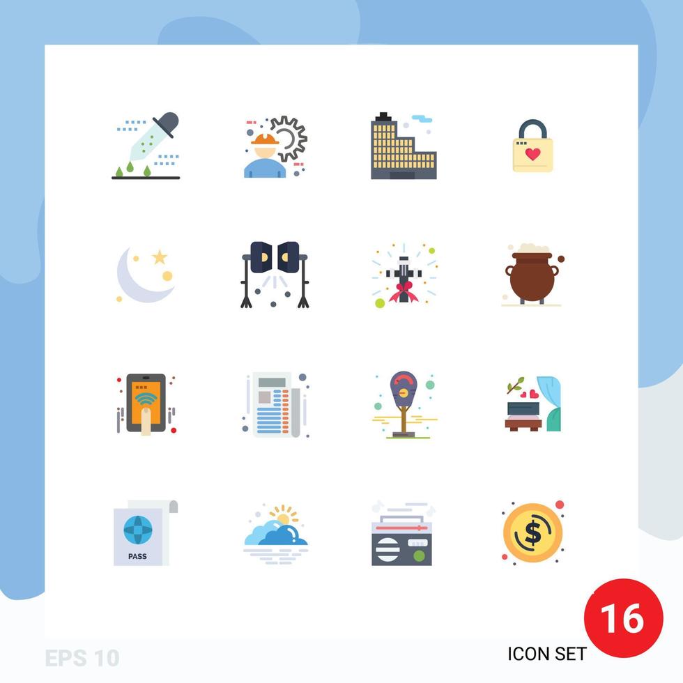Group of 16 Flat Colors Signs and Symbols for heart lock heart labour locker office Editable Pack of Creative Vector Design Elements