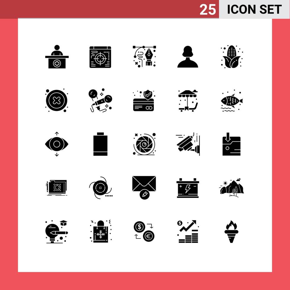 Mobile Interface Solid Glyph Set of 25 Pictograms of corn user design person avatar Editable Vector Design Elements