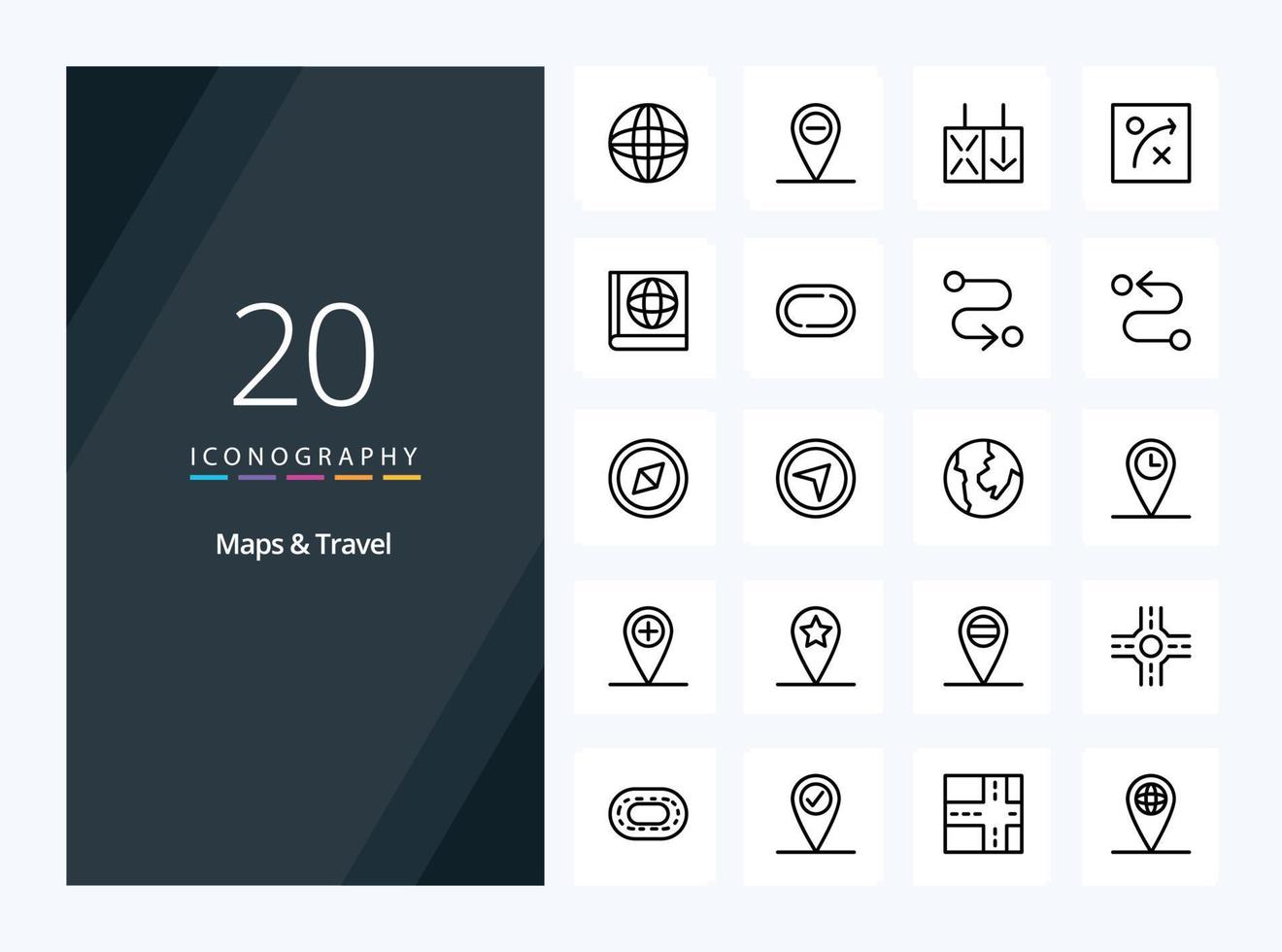 Icono de contorno de viaje de 20 mapas para presentación vector