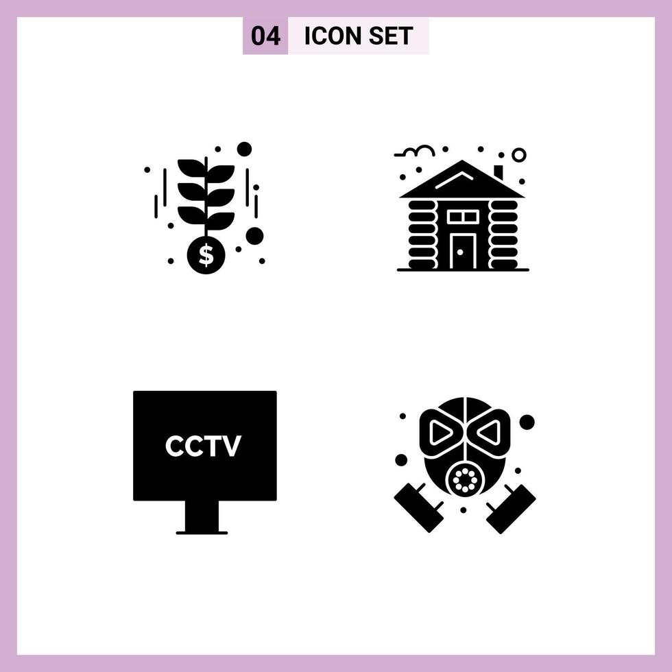 4 Universal Solid Glyphs Set for Web and Mobile Applications growth cctv money hut surveillance Editable Vector Design Elements