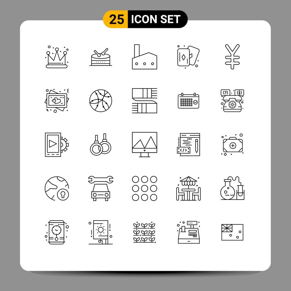 Universal Icon Symbols Group of 25 Modern Lines of heart yen industry finance card Editable Vector Design Elements