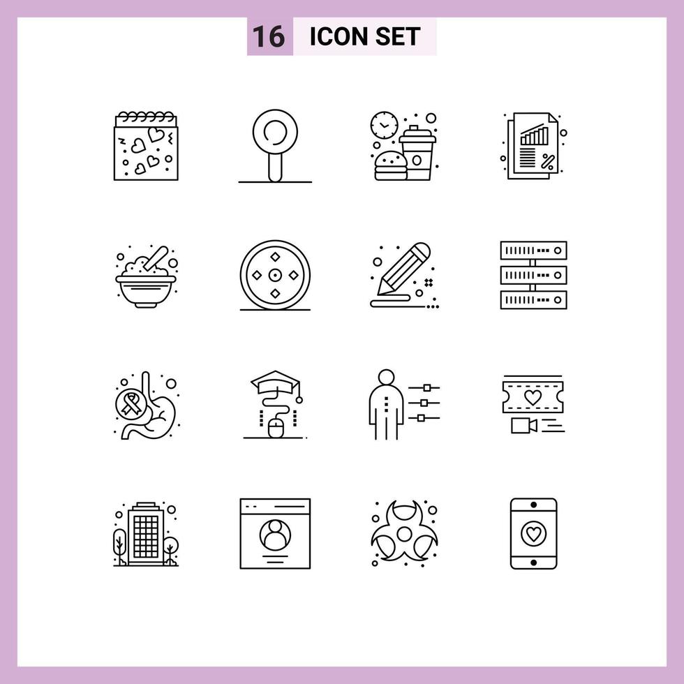 Pack of 16 Modern Outlines Signs and Symbols for Web Print Media such as food bowl food rate business Editable Vector Design Elements