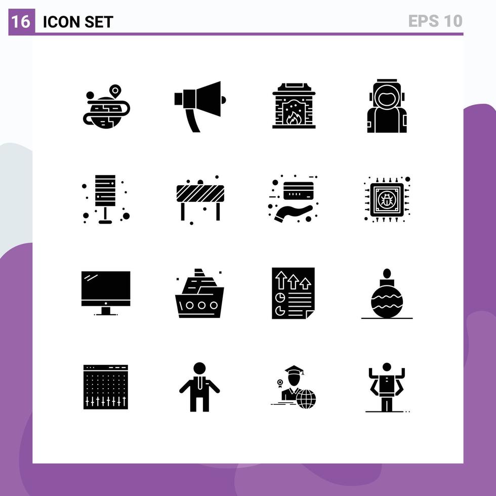 Editable Vector Line Pack of 16 Simple Solid Glyphs of light helmet speaker spaceman astronaut Editable Vector Design Elements