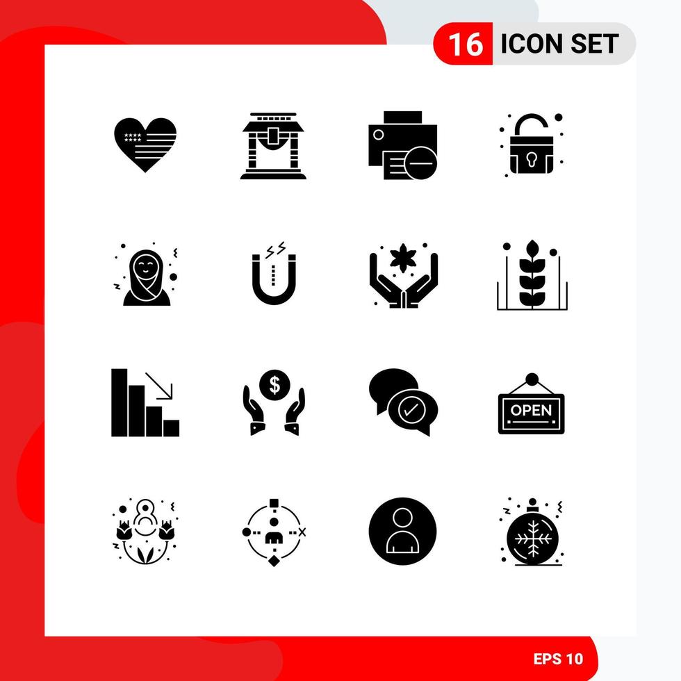 User Interface Pack of 16 Basic Solid Glyphs of arabic unlock computers padlock printer Editable Vector Design Elements