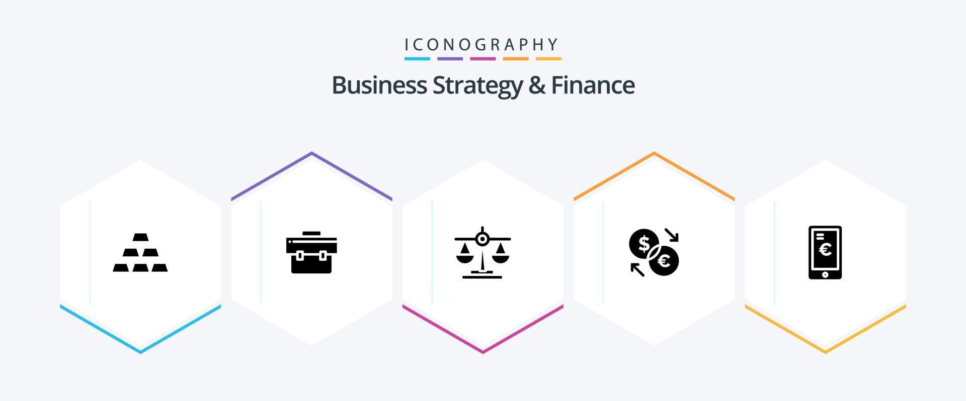 Business Strategy And Finance 25 Glyph icon pack including currency . business . scale. justice vector