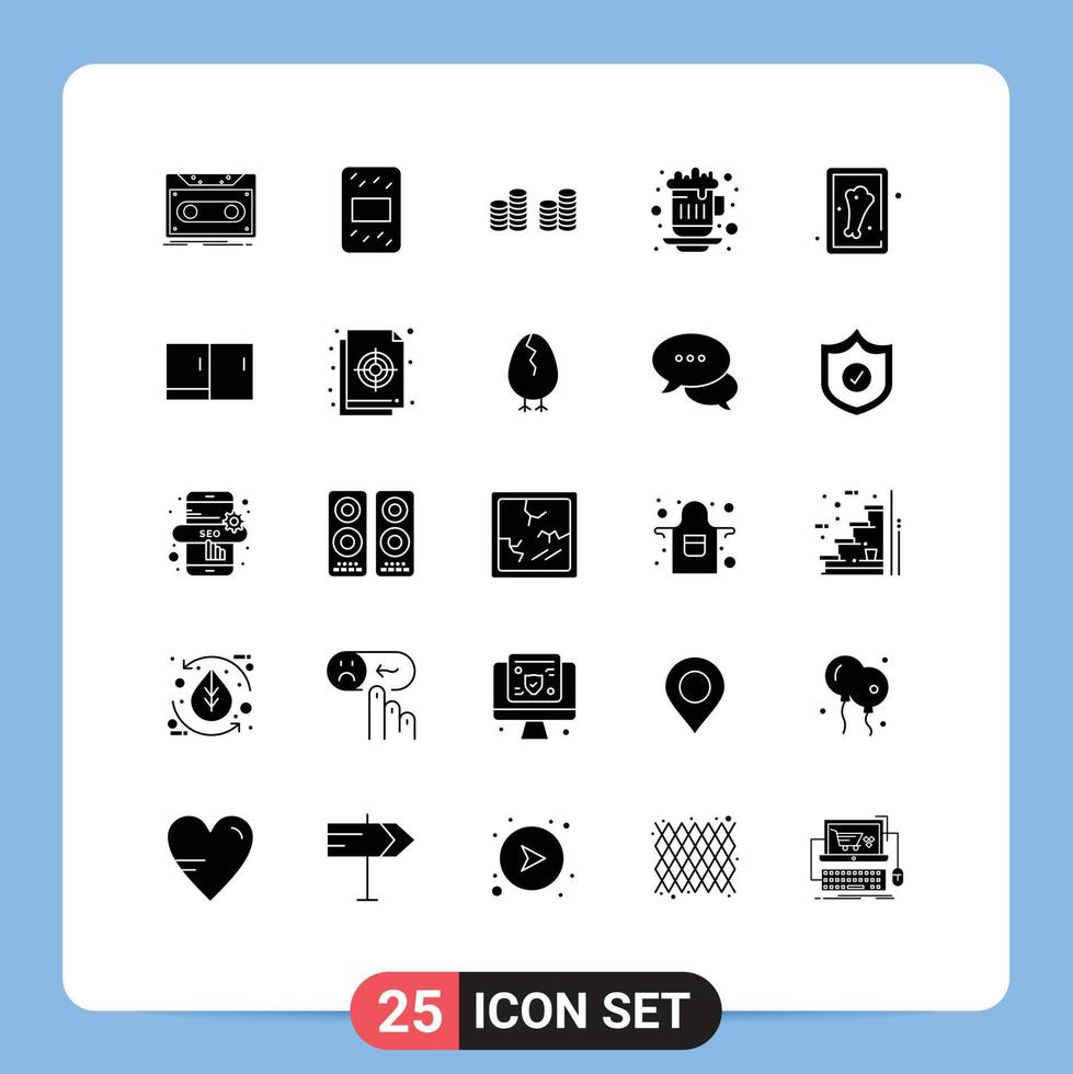 Pack of 25 creative Solid Glyphs of meat chicken cash tea hot coffee Editable Vector Design Elements