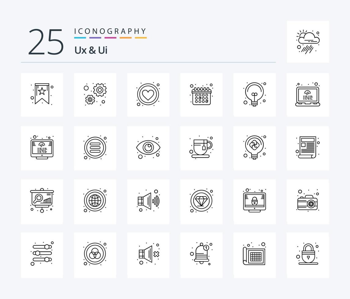 Ux And Ui 25 Line icon pack including coding. light. heart. idea. schedule vector