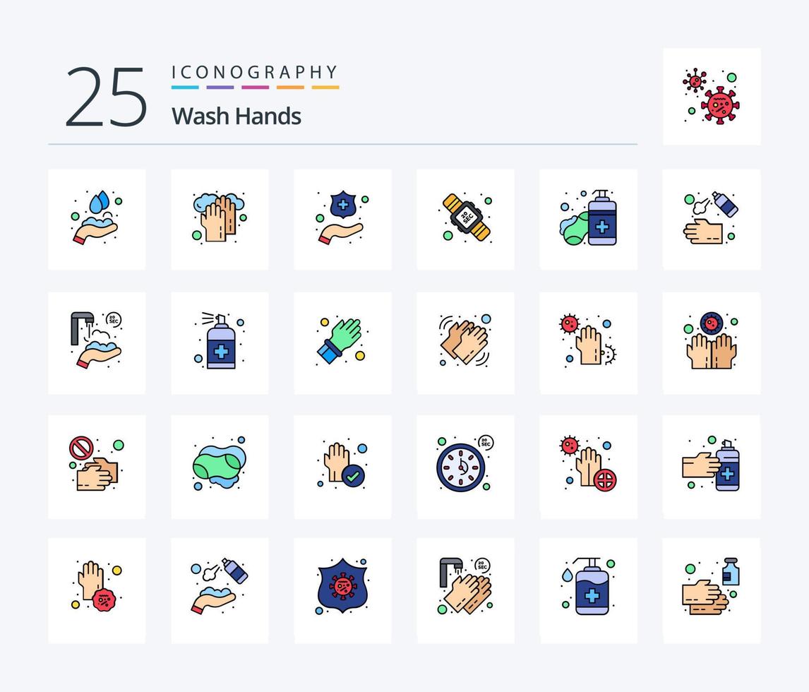 Wash Hands 25 Line Filled icon pack including sanitizer. soap. protect hands. washing. seconds vector