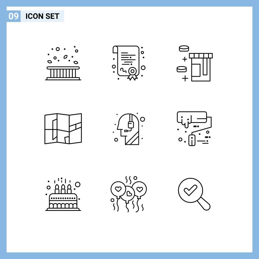 Universal Icon Symbols Group of 9 Modern Outlines of call centre call tablet assistance map Editable Vector Design Elements