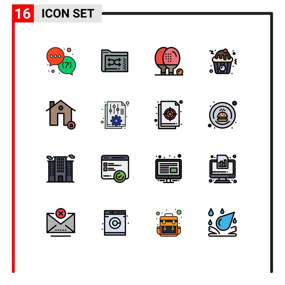 16 Thematic Vector Flat Color Filled Lines and Editable Symbols of buildings food management cupcake game Editable Creative Vector Design Elements