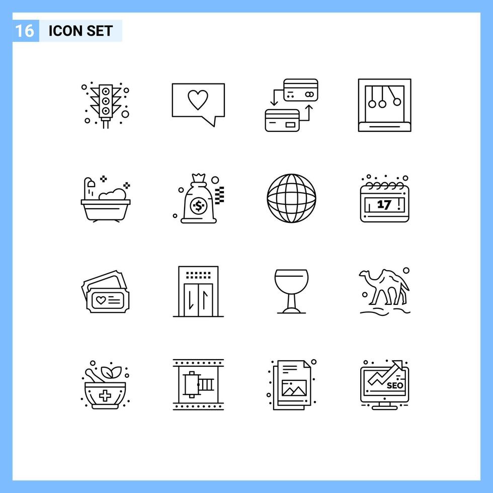 16 User Interface Outline Pack of modern Signs and Symbols of bag clean cash bathroom cradle Editable Vector Design Elements