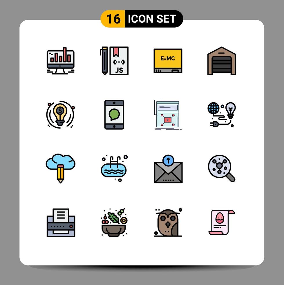 paquete de 16 líneas llenas de colores planos modernos, signos y símbolos para medios de impresión web, como desarrollo de estructura de bulbo, fórmula de garaje, elementos de diseño de vectores creativos editables