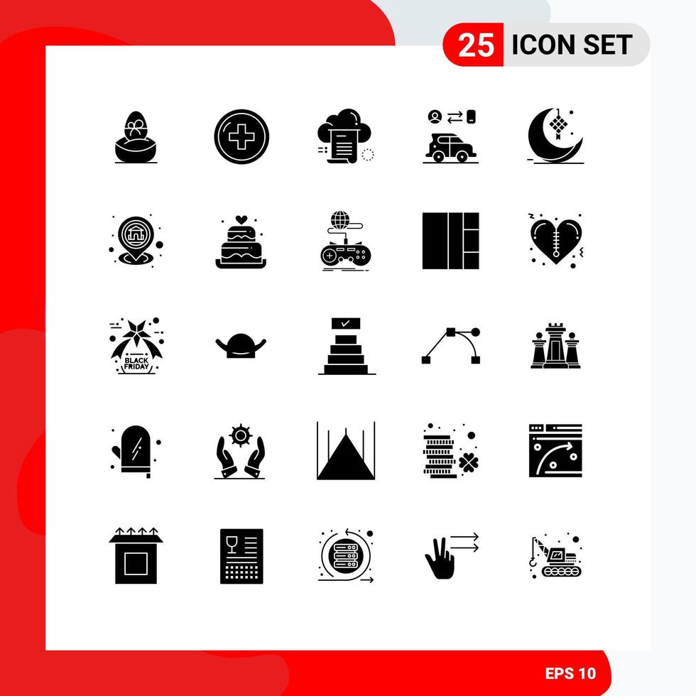 Pack of 25 Modern Solid Glyphs Signs and Symbols for Web Print Media such as man car medicine computing document Editable Vector Design Elements