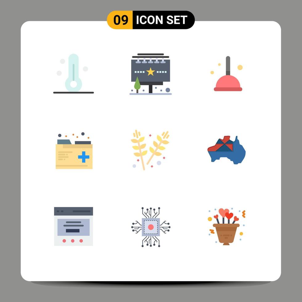 Pack of 9 Modern Flat Colors Signs and Symbols for Web Print Media such as farming records broom medical care Editable Vector Design Elements